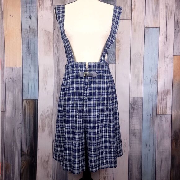 Vintage Suspender Romper Shorts High Waist Blue White Plaid Overalls size 13/14 - Picture 1 of 8